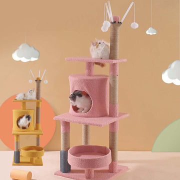 キャットタワー ピンク イエロー 多用途 猫ソファー 遊びボード 据え置き 置き型 爪とぎ 運動不足 遊び場 寝床 ブラシ