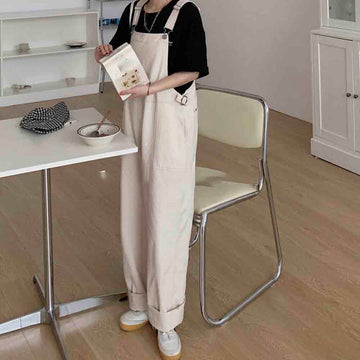 サロペット リラックスフィット レディース オールインワン ゆったりパンツ ワイドパンツ 着やせ ストレートデニム風 ロールアップパンツ オーバーオール ロングパンツ 韓国 体型カバー ゆったり 重ね着 韓国ファッション