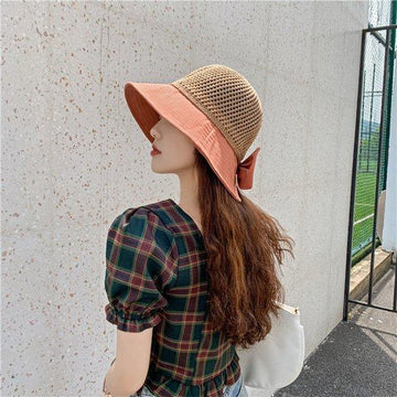 帽子 レディース つば広 UVカット 大きいリボン 日除け防止 紫外線対策 折りたたみ 通気性 小顔効果 サイズ調整可 持ち運び便利 ハット ベージュ テラコッタ 韓国ファッション
