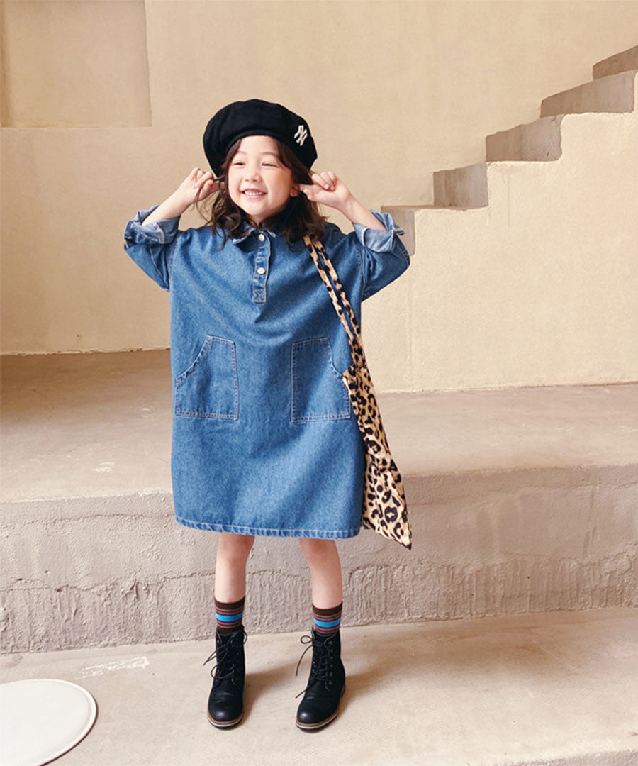 デニムシャツワンピース キッズファッション韓国子供服　春夏/KIDS /ジンズ　ロングシャツ　女の子通園通学