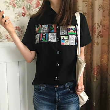 刺繍デザイン襟付半袖シャツ 春夏新作 韓国ファッション