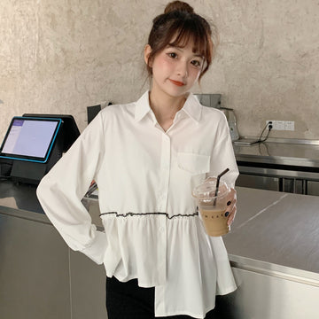 アシンメトリーデザイン襟付長袖シャツ 秋冬 韓国ファッション