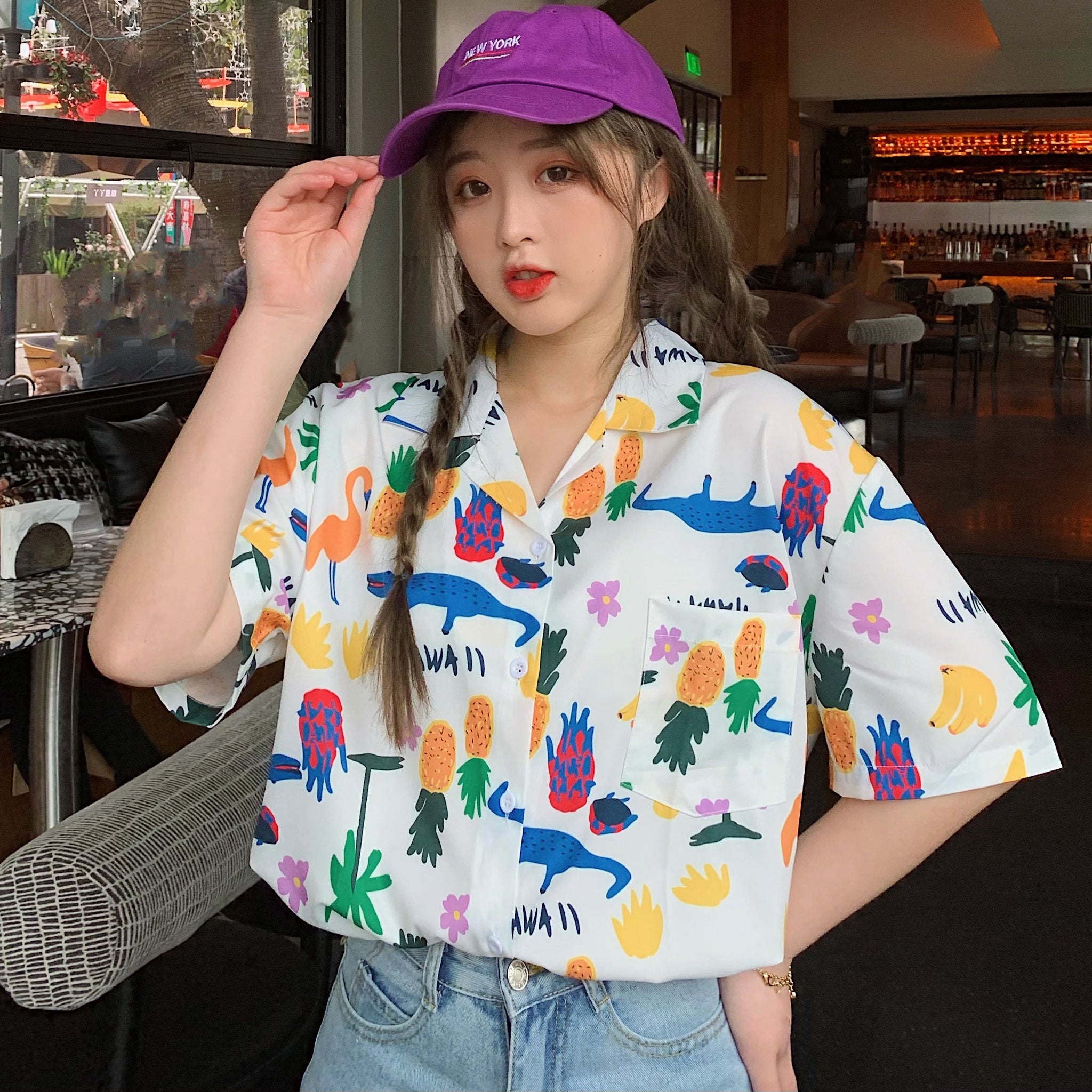 ユニーク総柄襟付半袖シャツ 春夏 韓国ファッション