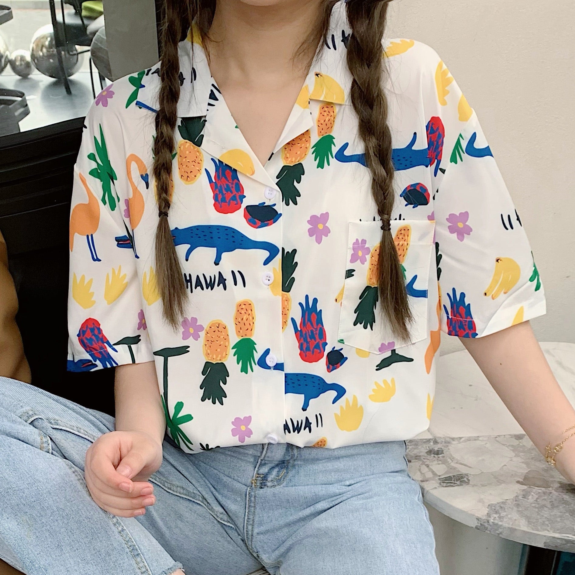 ユニーク総柄襟付半袖シャツ 春夏 韓国ファッション
