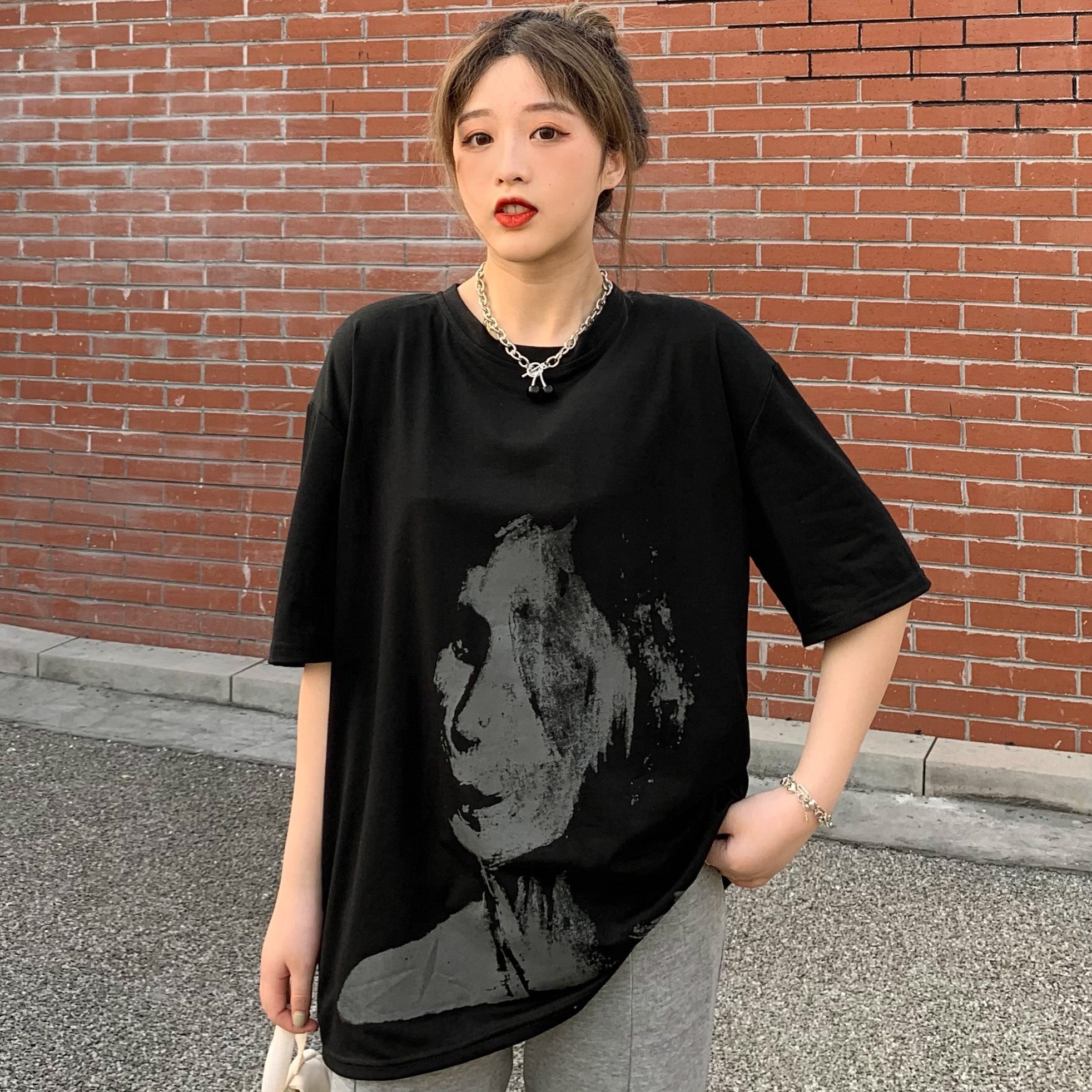 顔プリント半袖Tシャツカットソー 春夏 韓国ファッション