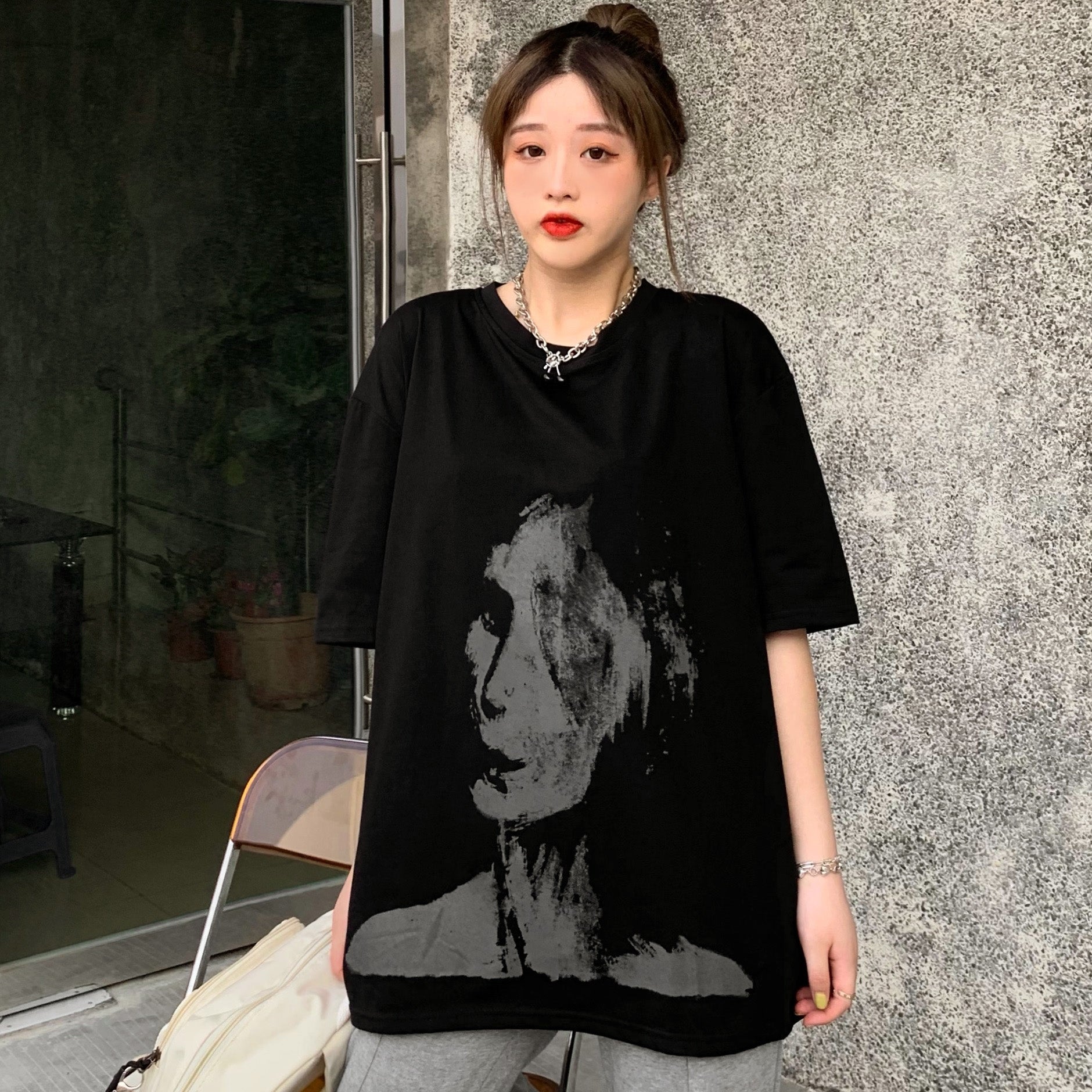 顔プリント半袖Tシャツカットソー 春夏 韓国ファッション
