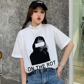 プリントハイネック半袖Tシャツカットソー 春夏 韓国ファッション