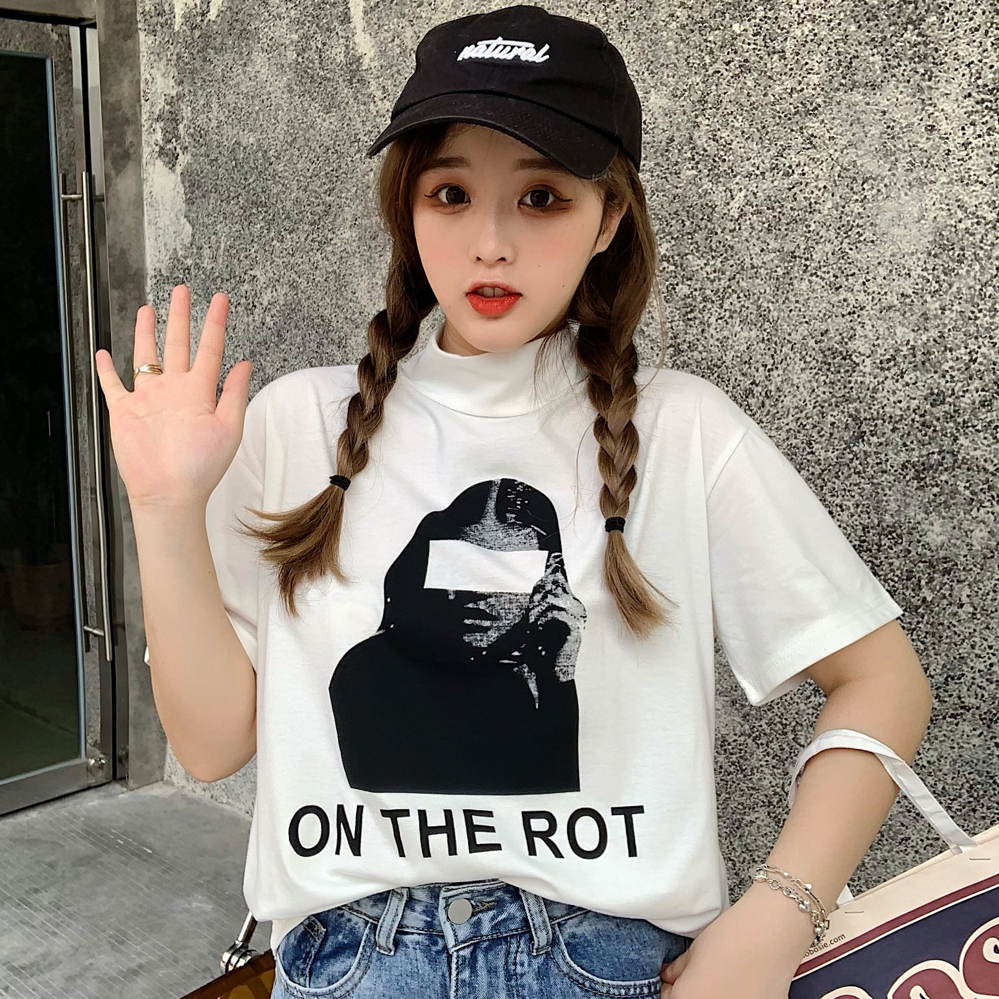プリントハイネック半袖Tシャツカットソー 春夏 韓国ファッション