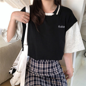 フェイクレイヤード配色半袖ポロシャツ 韓国ファッション