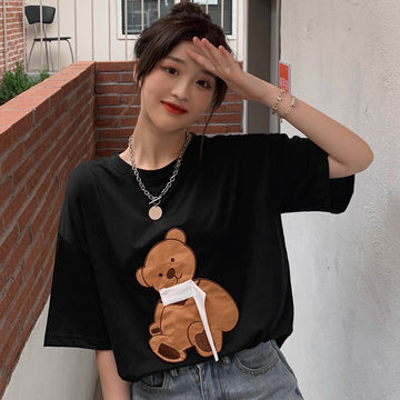 熊デザイン半袖Tシャツカットソー 韓国ファッション