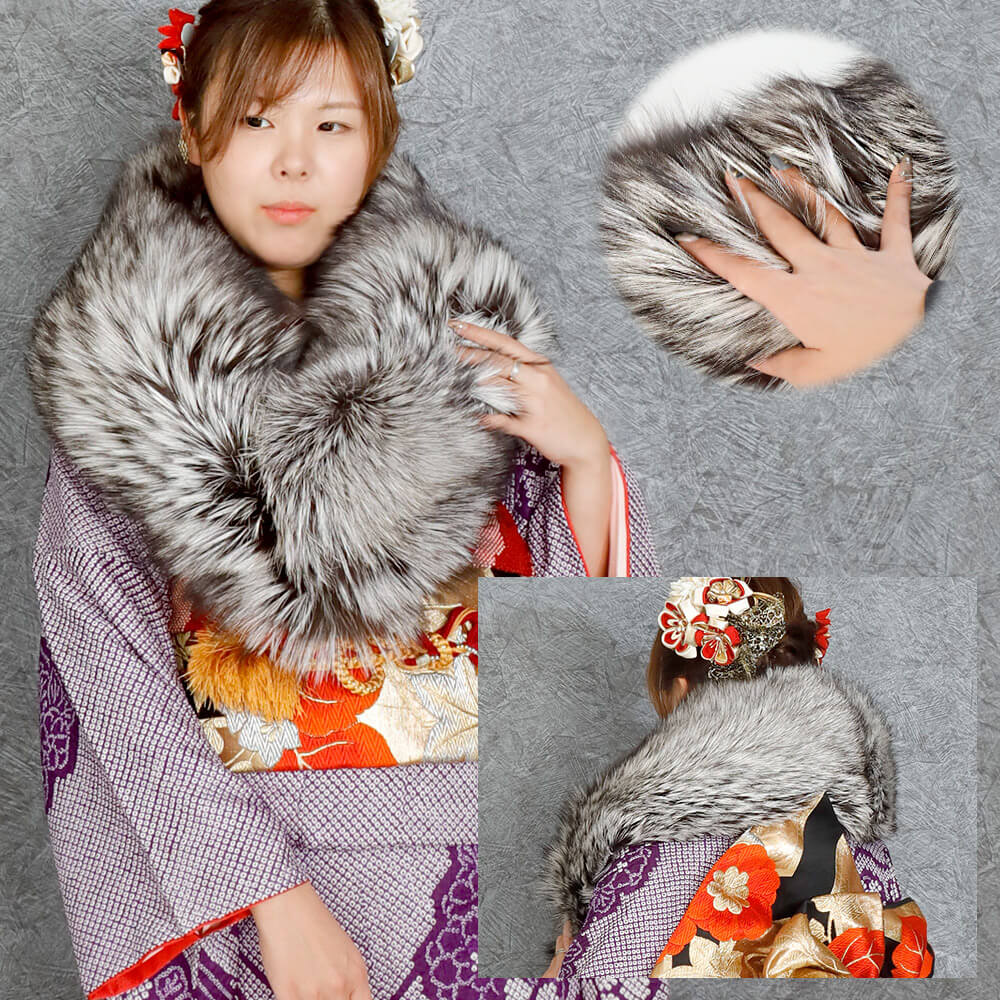 ＳＡＧＡフォックスファーショールストール羽織毛皮着物和装成人式振袖日本製レディースグレーブラック